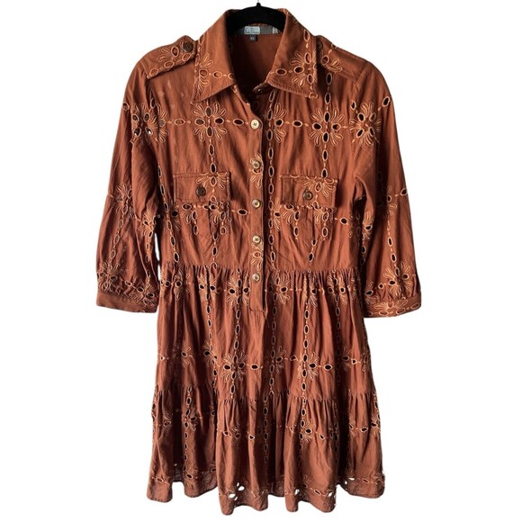 Anthropologie Eva Franco Josie Eyelet Tunic Dress Brown Size XS With Slip‎ Liner - Picture 13 of 13